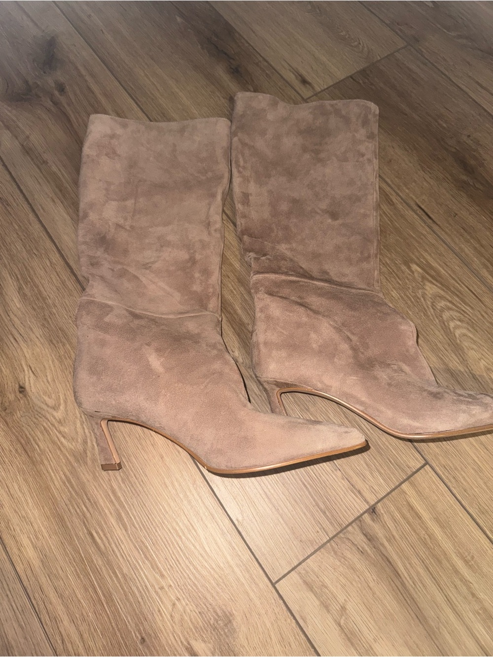 Steve Madden Taupe Suede Mid-Calf Pointed Toe Kitten Heel Boots